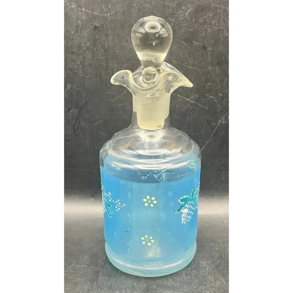 Vtg MCM Blue Frosted Hand Painted Hand Blown‎ Glass Cruet Stopper Berry As Is 7